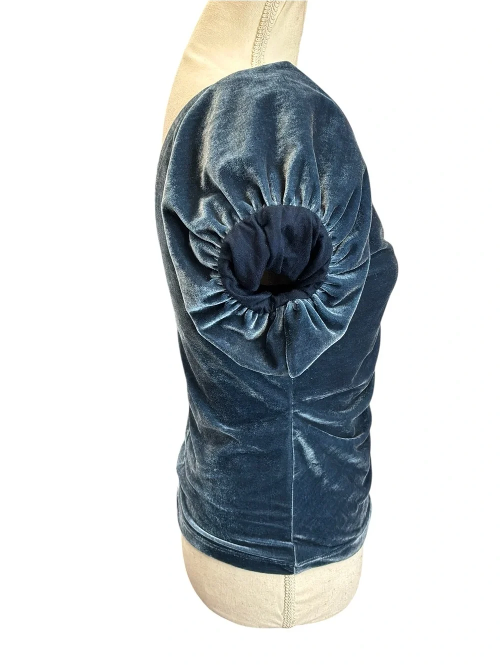 Free People Velvet Ruched Puff Sleeve V-Neck Top Blue Gray Small NWT